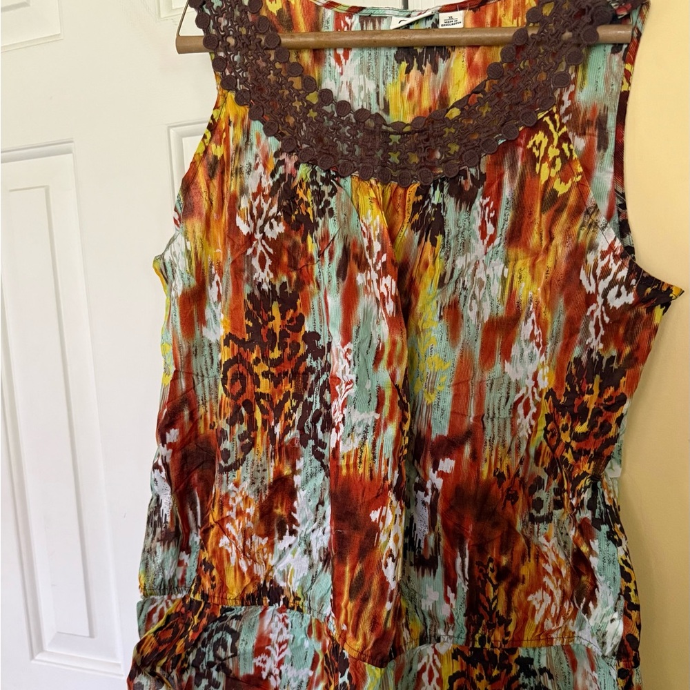 Cato Brown and Orange Graphic Embellished Sleeveless‎ Blouse